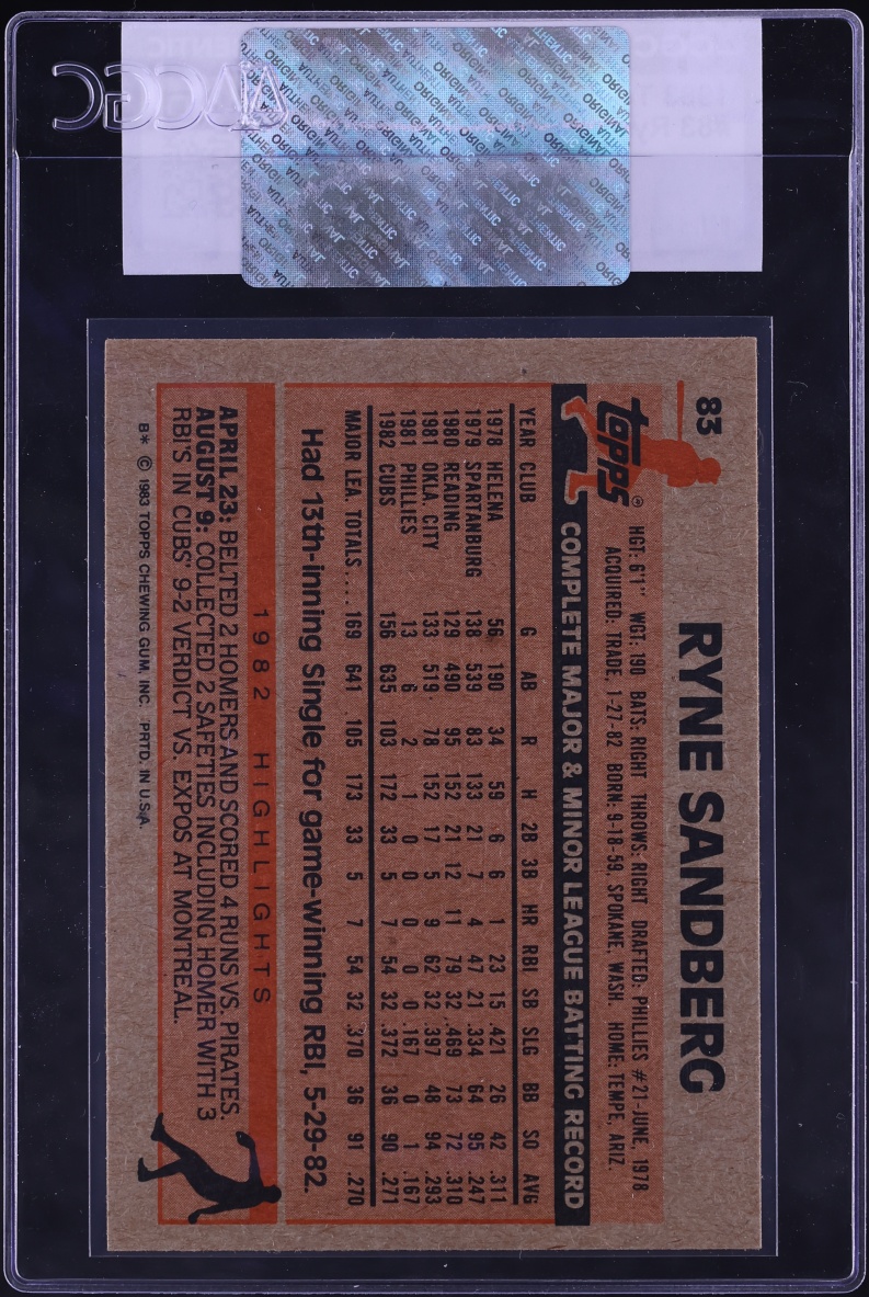 1983 Topps Ryne Sandberg ROOKIE #83 CGC AUTH