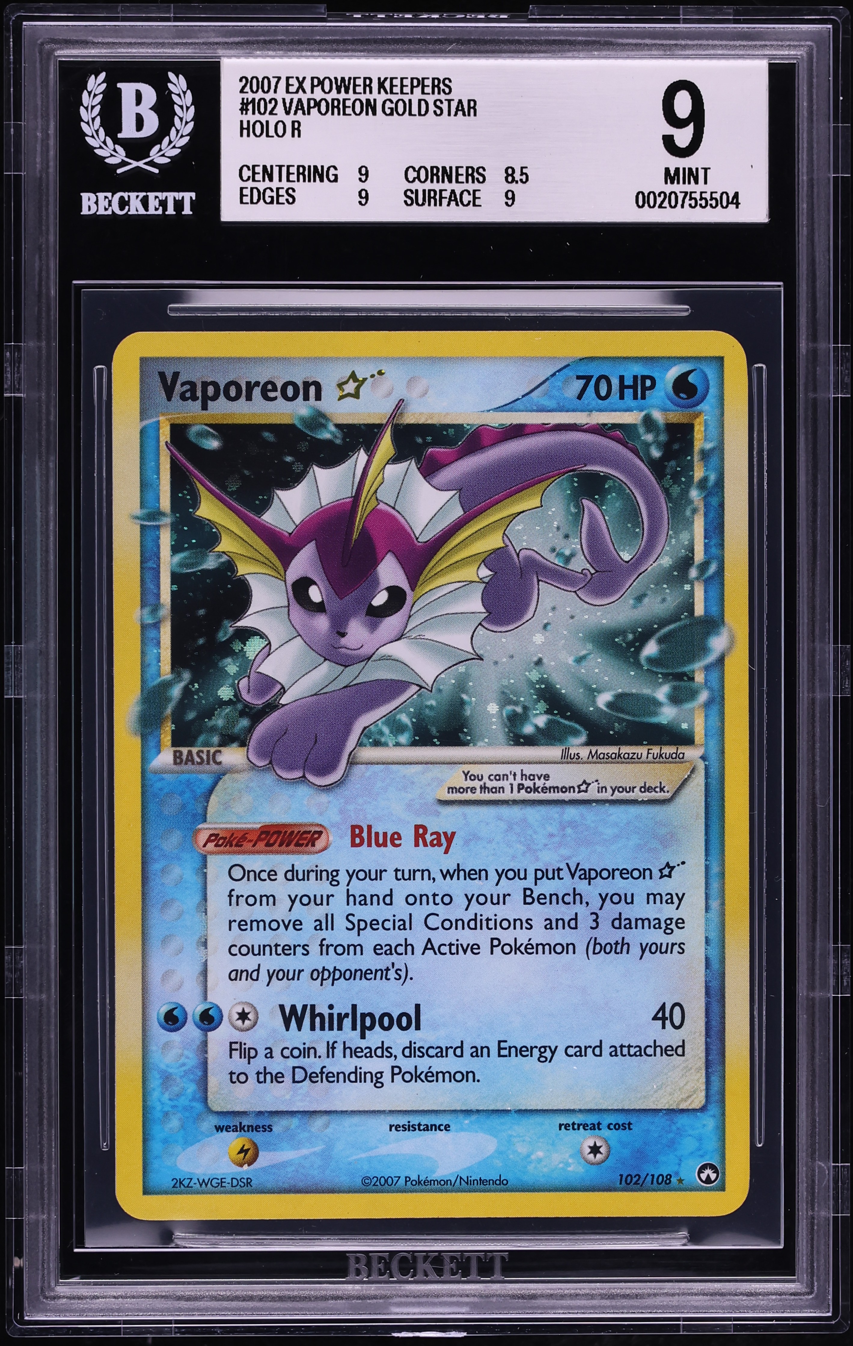 2007 Pokemon EX Power Keepers Holo Vaporeon Gold Star #102 BGS 9 MINT
