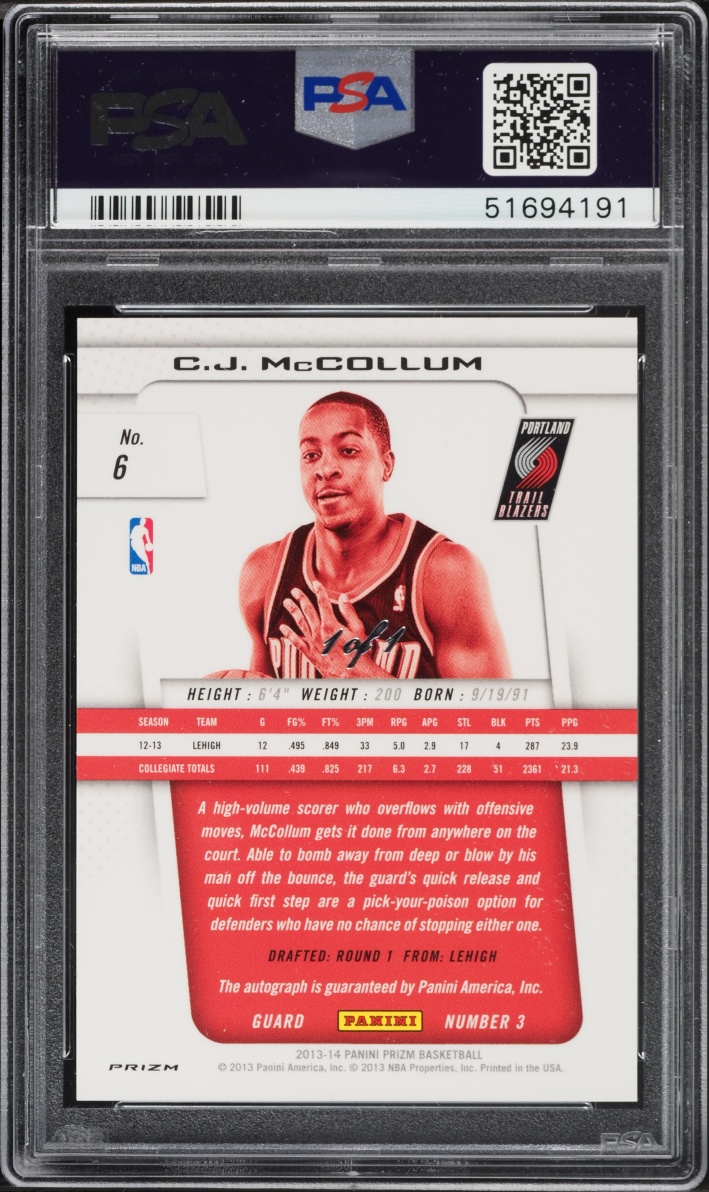 2013 Panini Prizm Black C.J. McCollum ROOKIE AUTO 1/1 #6 PSA 10 GEM MINT