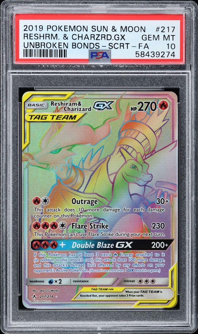 2019 Pokemon Sun & Moon Unbroken Bonds Rainbow Rare Reshiram Charizard GX #217 PSA 10 GEM MINT