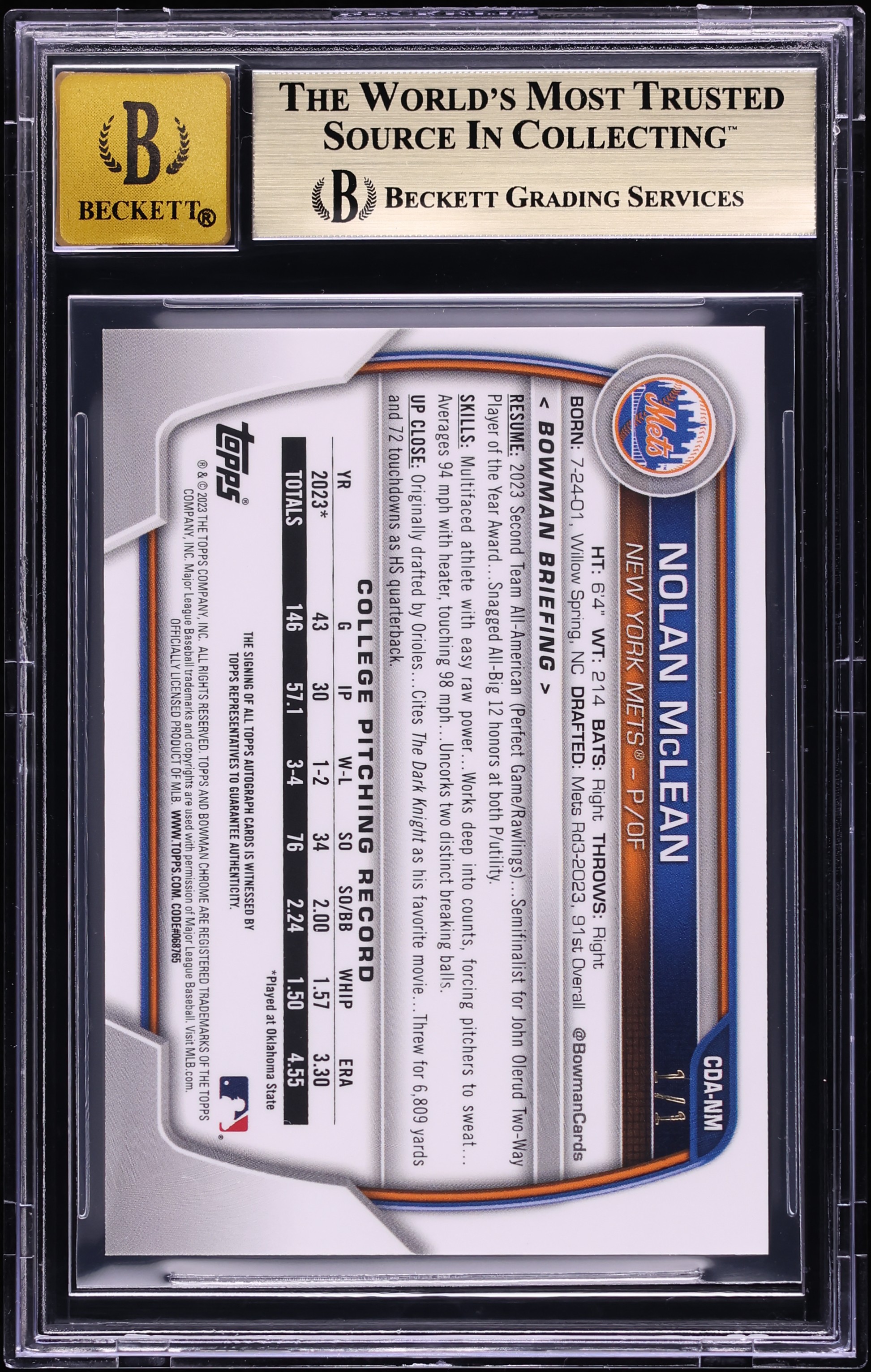 2023 Bowman Chrome Draft Superfractor Nolan McLean PROSPECT AUTO 1 