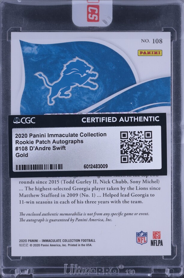 2020 Immaculate Collection Gold D'Andre Swift RC PATCH AUTO /25 #108 CGC AUTH