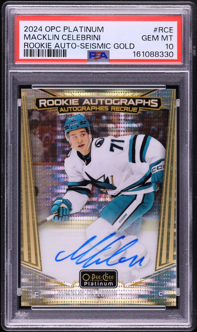 2024 O-Pee-Chee Platinum Seismic Gold Macklin Celebrini ROOKIE AUTO /25 #R-CE PSA 10 GEM MINT
