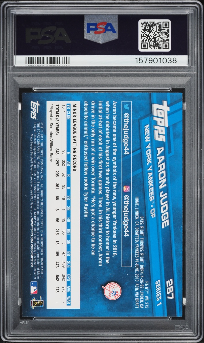 2017 Topps Aaron Judge ROOKIE #287 PSA 10 GEM MINT