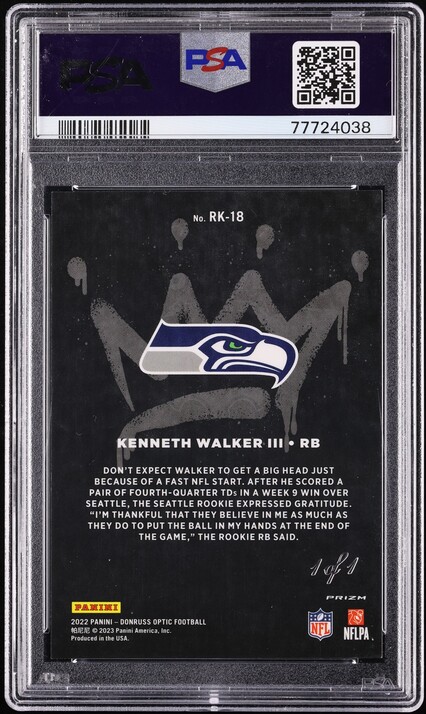 2022 Donruss Optic Gold Vinyl Kenneth Walker III ROOKIE 1/1 #RK18 PSA 9 MINT