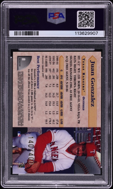 1998 Bowman's Best Refractor Juan Gonzalez /400 #8 PSA 10 GEM MINT