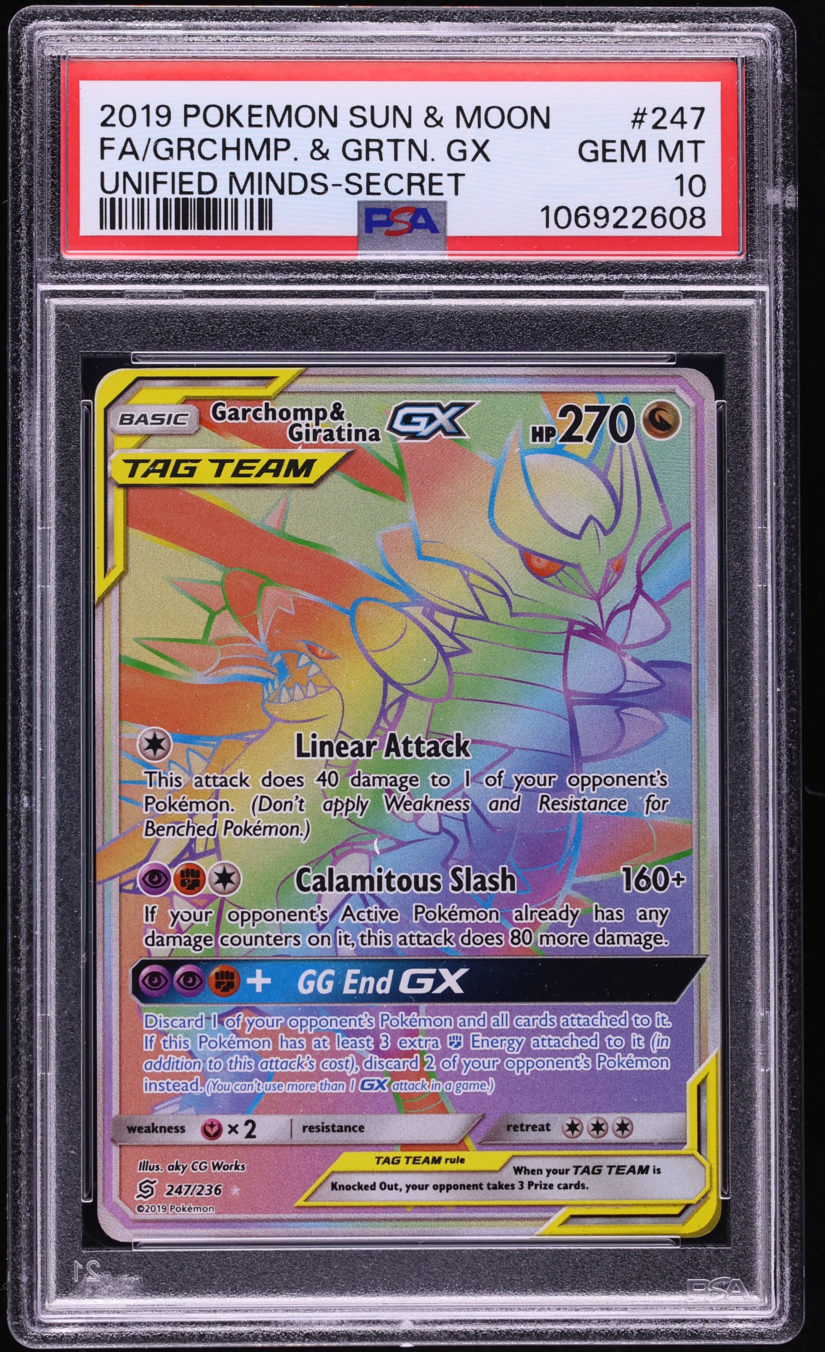 2019 Pokemon Sun & Moon Unified Minds Rainbow Rare Garchomp & Giratina GX #247 PSA 10 GEM MINT