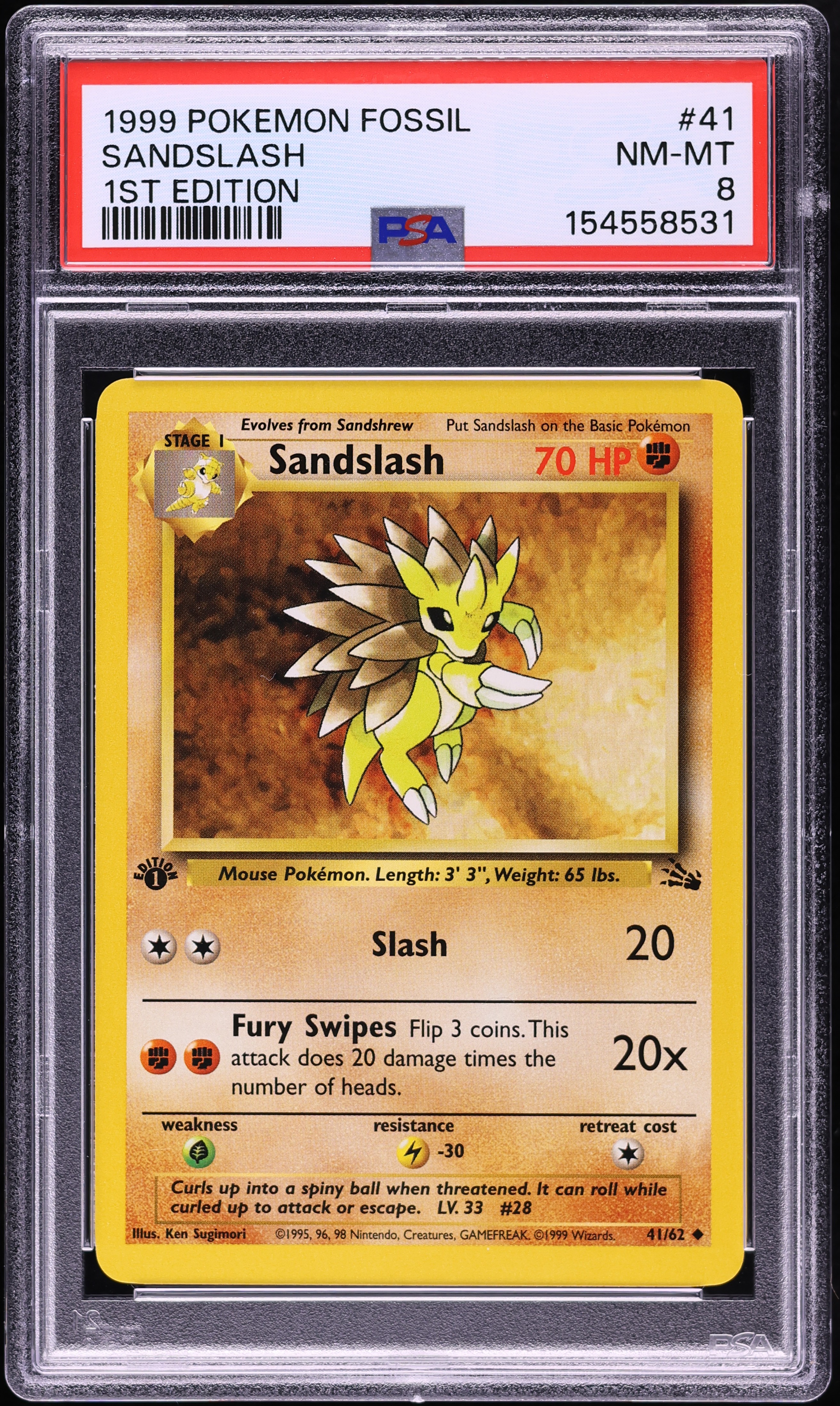 1999 Pokemon Fossil 1st Edition Sandslash #41 PSA 8 NM-MT