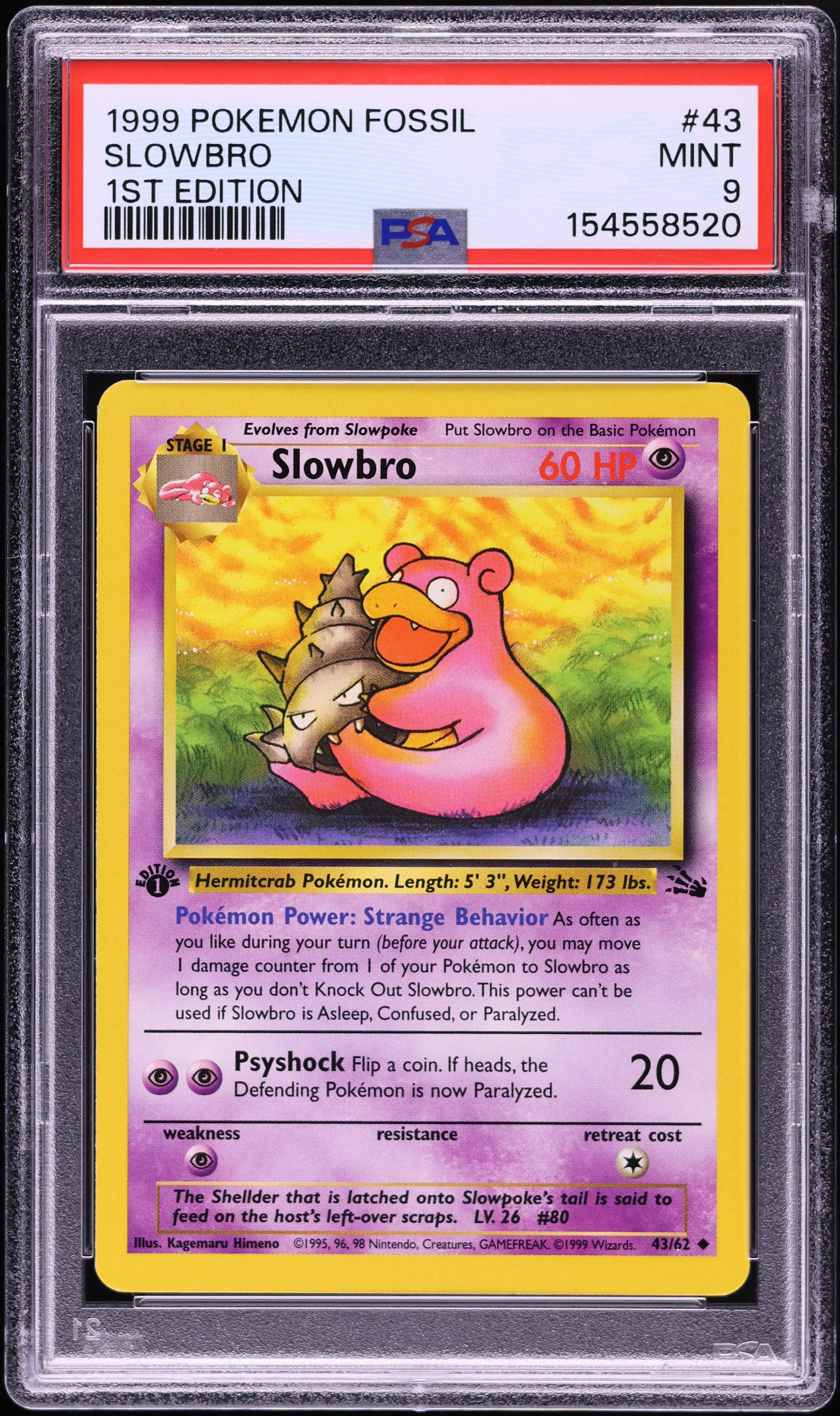1999 Pokemon Fossil 1st Edition Slowbro #43 PSA 9 MINT
