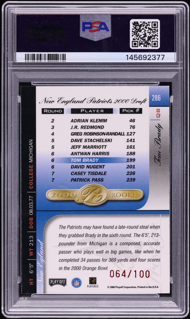 2000 Playoff Prestige Spectrum Red Tom Brady ROOKIE /100 #286 PSA 9 MINT - Photo 2