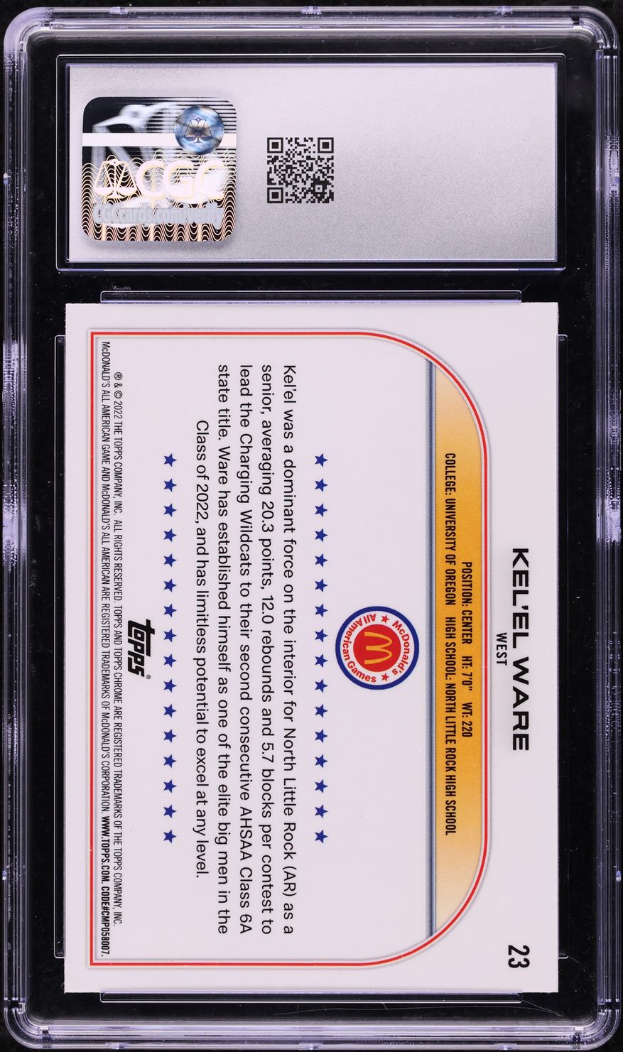2022 Topps Chrome McDonald's All-American Kel'el Ware ROOKIE #23 CGC 9 MINT