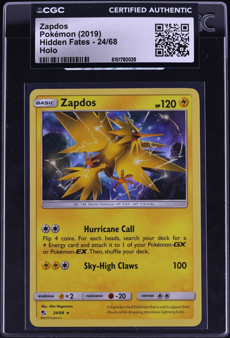 2019 Pokemon Sun & Moon Hidden Fates Holo Zapdos #24 CGC AUTH
