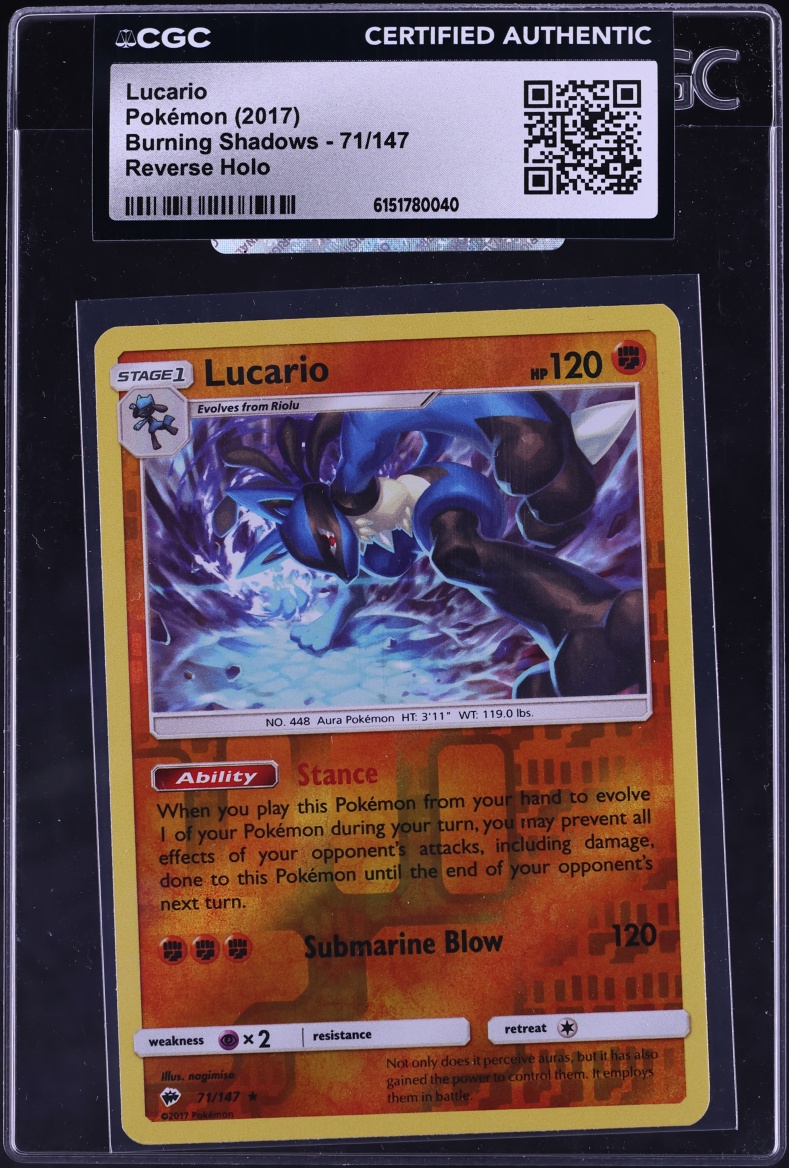 2017 Pokemon Sun & Moon Burning Shadows Reverse Holo Lucario #71 CGC AUTH