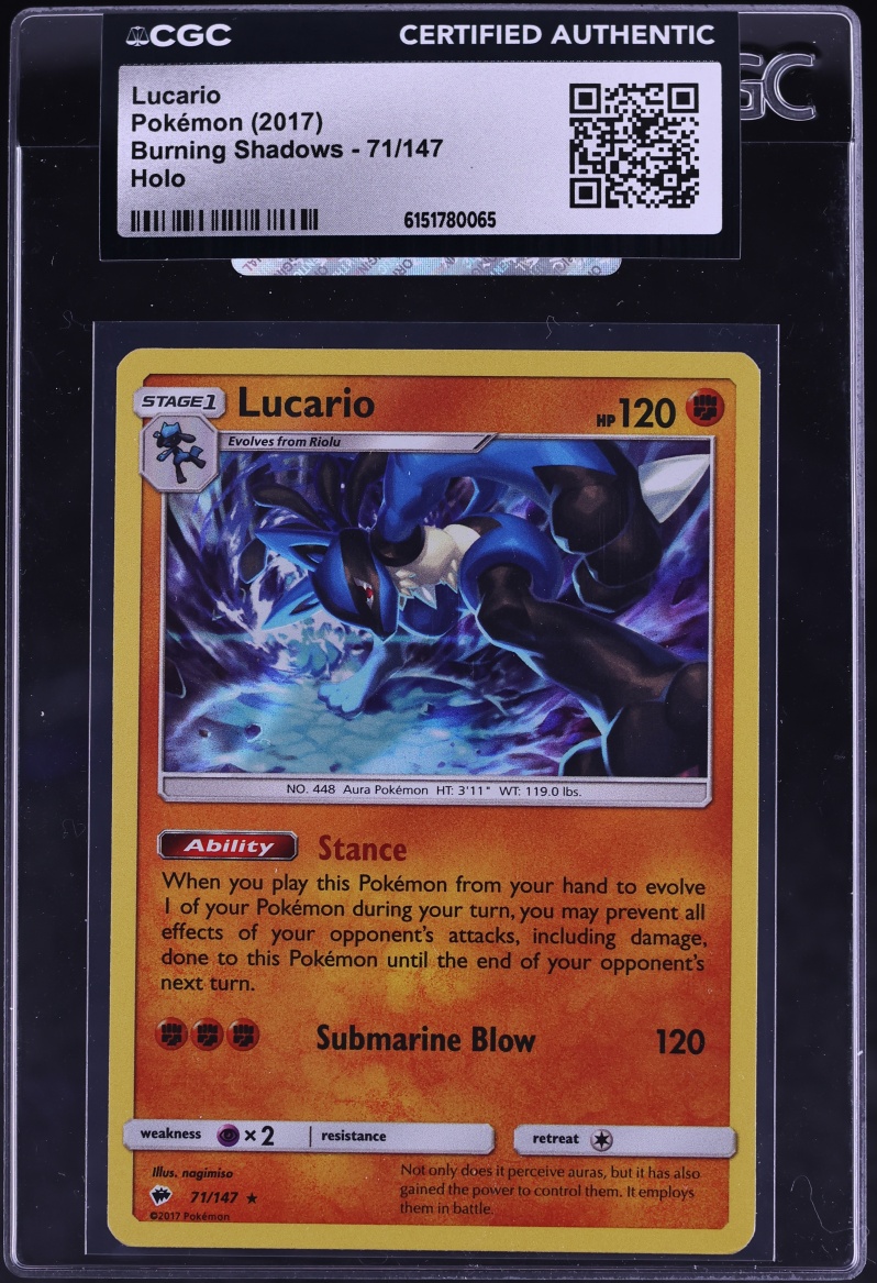 2017 Pokemon Sun & Moon Burning Shadows Holo Lucario #71 CGC AUTH