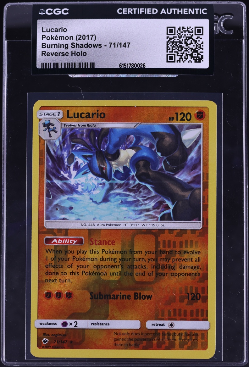 2017 Pokemon Sun & Moon Burning Shadows Reverse Holo Lucario #71 CGC AUTH