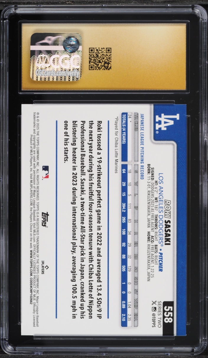 2025 Topps Roki Sasaki ROOKIE #558 CGC 10 PRISTINE