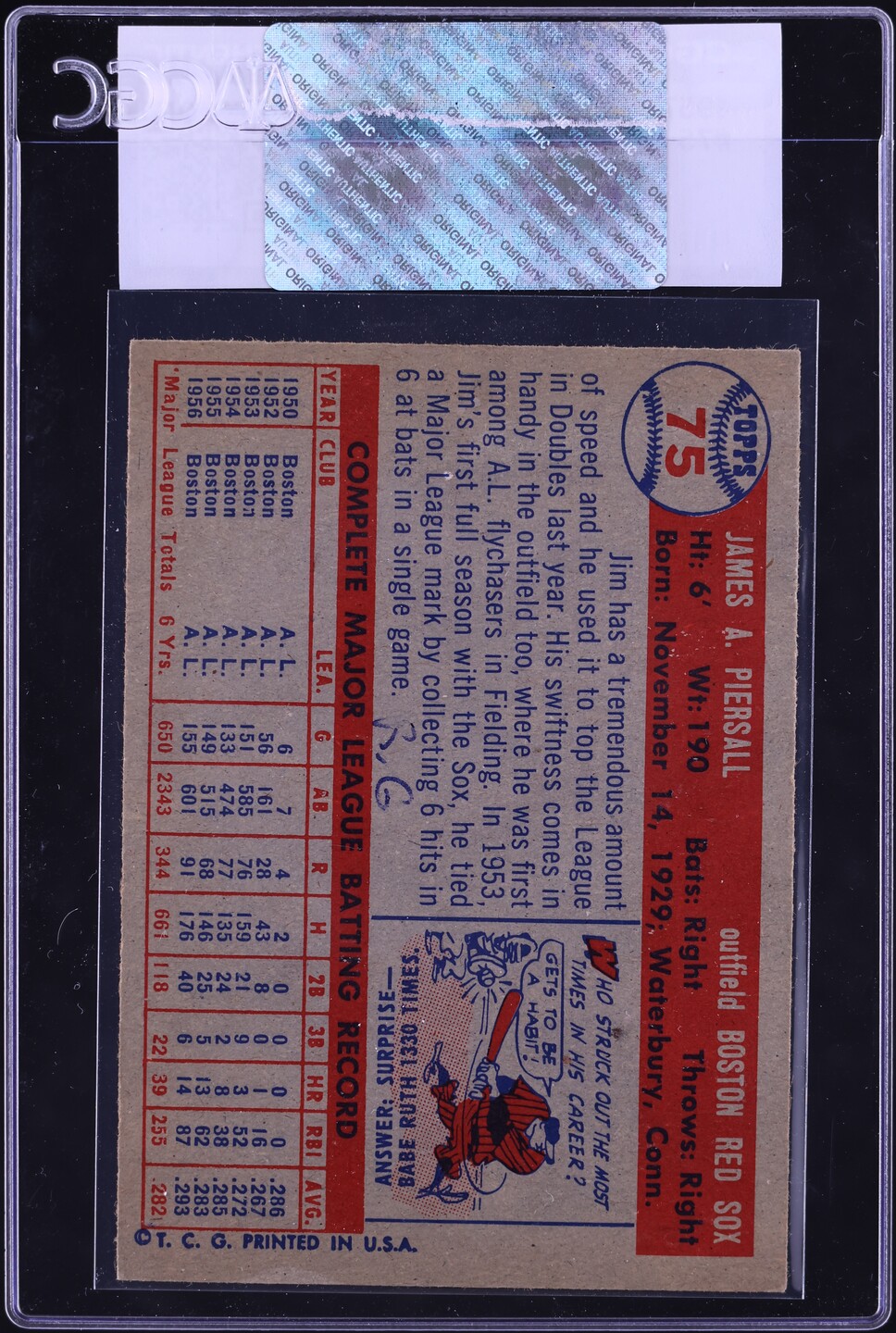 1957 Topps Jim Piersall #75 CGC AUTH