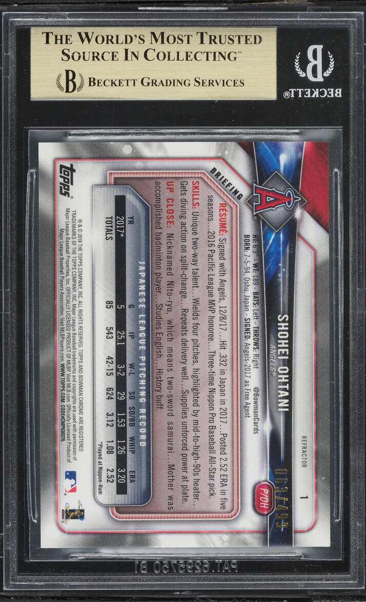 2018 Bowman Chrome Refractor Shohei Ohtani ROOKIE /499 #1 BGS 9.5 GEM MINT