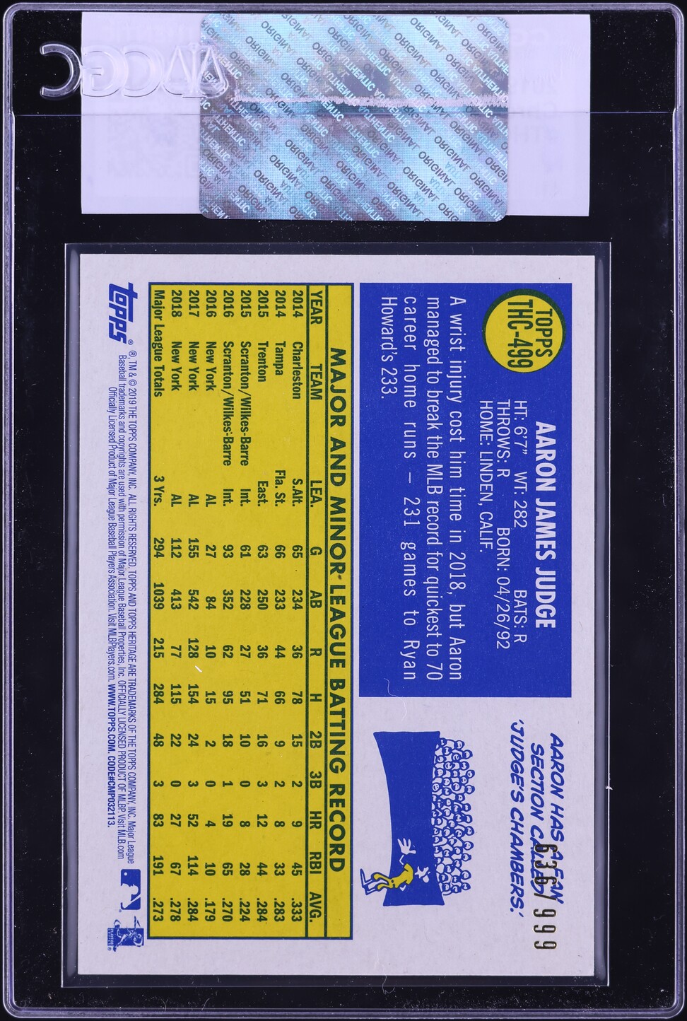 2019 Topps Chrome Heritage Aaron Judge /999 #THC-499 CGC AUTH
