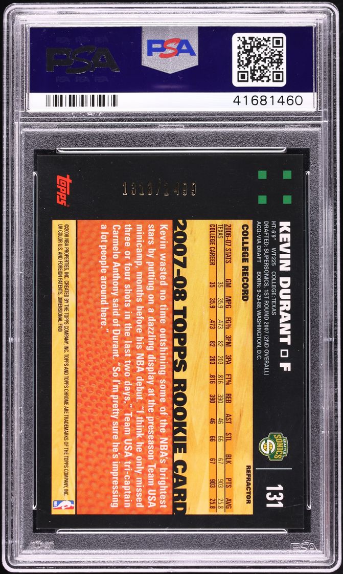2007 Topps Chrome Refractor Kevin Durant ROOKIE /1499 #131 PSA 8 NM-MT