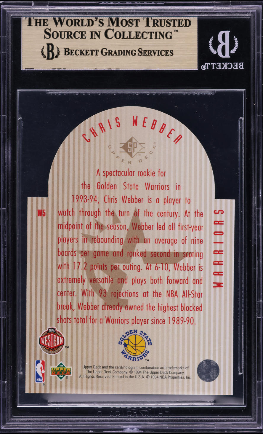 1993 Upper Deck SE All-Stars Die-Cut Chris Webber ROOKIE #W5 BGS 9.5 GEM MINT - Photo 2