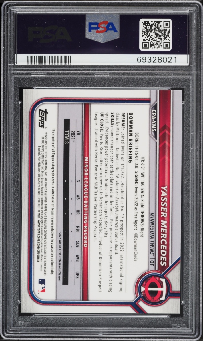 2022 Bowman Chrome Speckle Refractor Yasser Mercedes PROSPECT AUTO /299 #CPAY-MS PSA 10