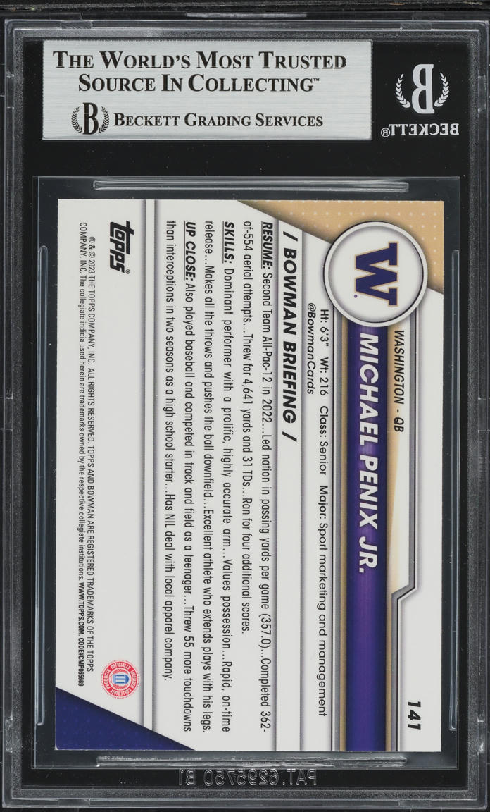 2023 Bowman Chrome University Michael Penix Jr. ROOKIE #141 BGS 9 MINT