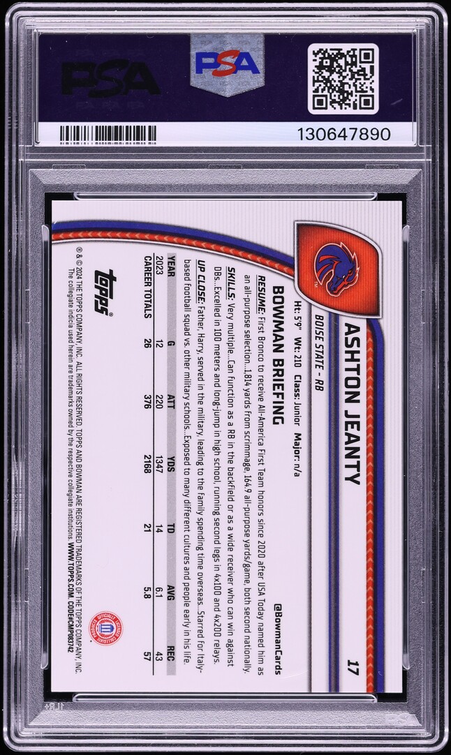 2024 Bowman Chrome University Aqua Mini Diamond Ashton Jeanty ROOKIE /275 #17 PSA 9 MINT