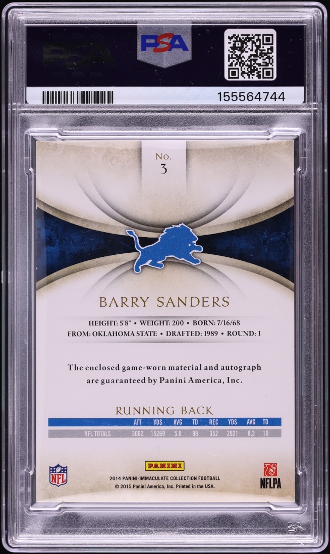 2014 Immaculate Collection Barry Sanders PATCH AUTO DNA 10 /25 #3 PSA 8 NM-MT