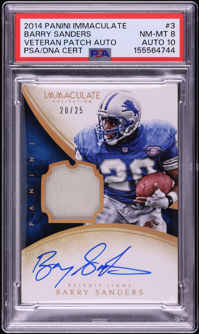 2014 Immaculate Collection Barry Sanders PATCH AUTO DNA 10 /25 #3 PSA 8 NM-MT