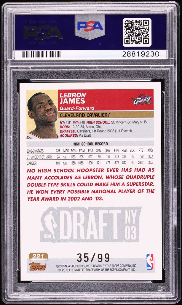 2003 Topps Gold LeBron James ROOKIE /99 #221 PSA 10 GEM MINT