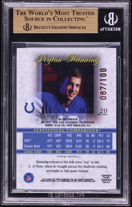 1998 Topps Gold Label Class 1 Red Peyton Manning ROOKIE /100 #20 BGS 9.5 GEM MINT - Photo 2