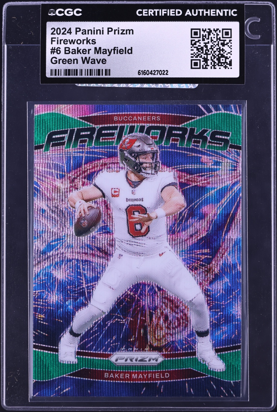2024 Panini Prizm Fireworks Green Wave Baker Mayfield #6 CGC AUTH