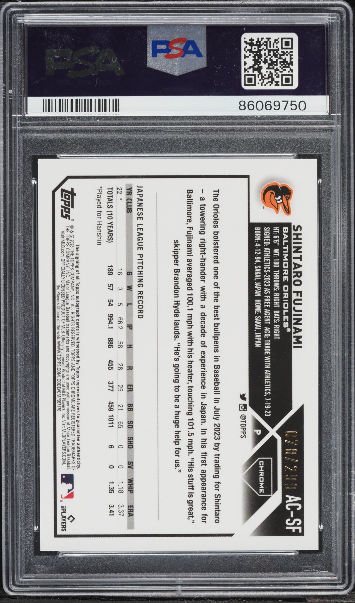 2023 Topps Chrome Update Purple Speckle Shintaro Fujinami ROOKIE AUTO /299 #AC-SF PSA 10 GEM