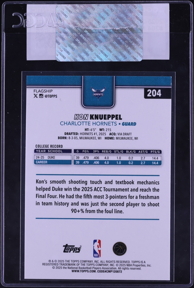 2025 Topps Basketball Kon Knueppel ROOKIE #204 CGC AUTH