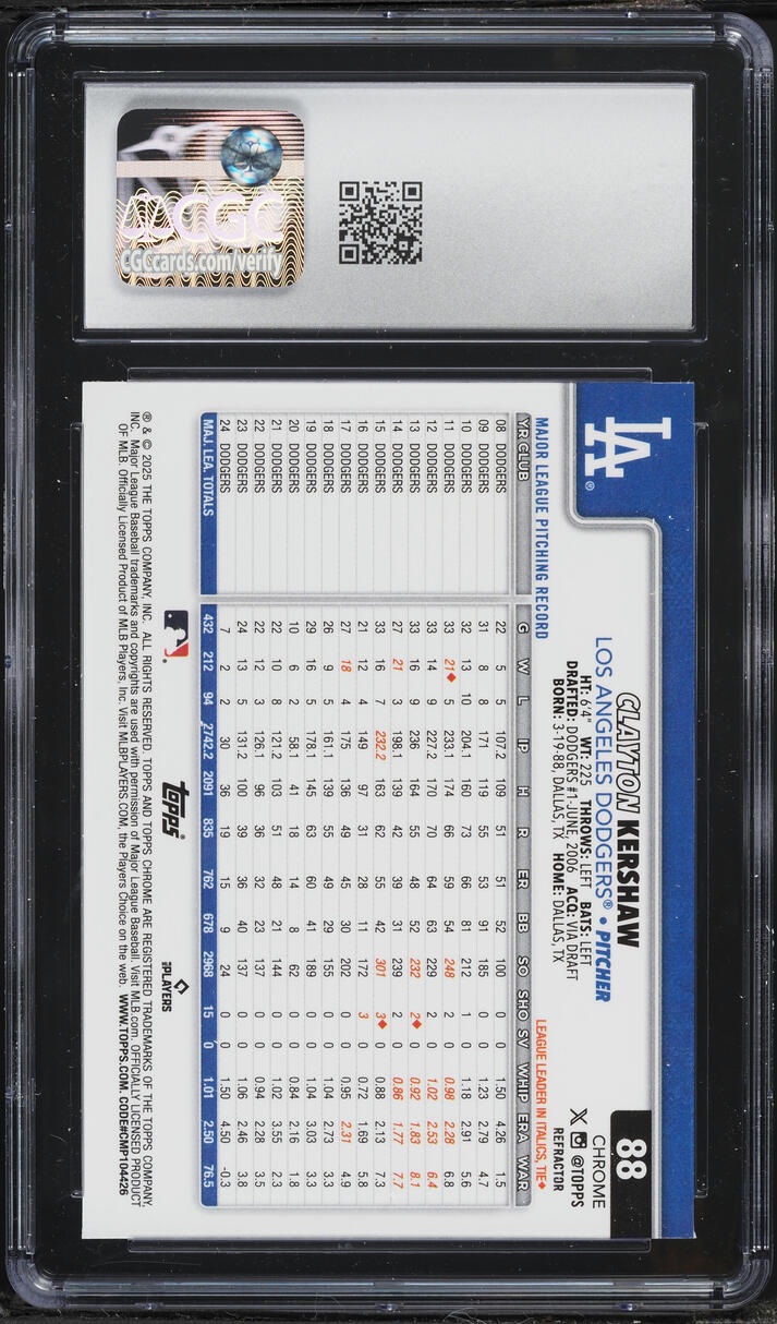 2025 Topps Chrome Refractor Clayton Kershaw #88 CGC 10 GEM MINT