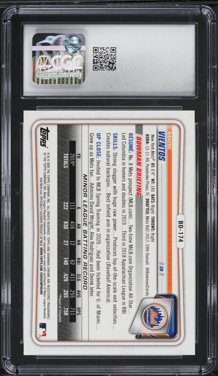 2020 Bowman Chrome Draft Sapphire Mark Vientos PROSPECT #BD-174 CGC 5 EX