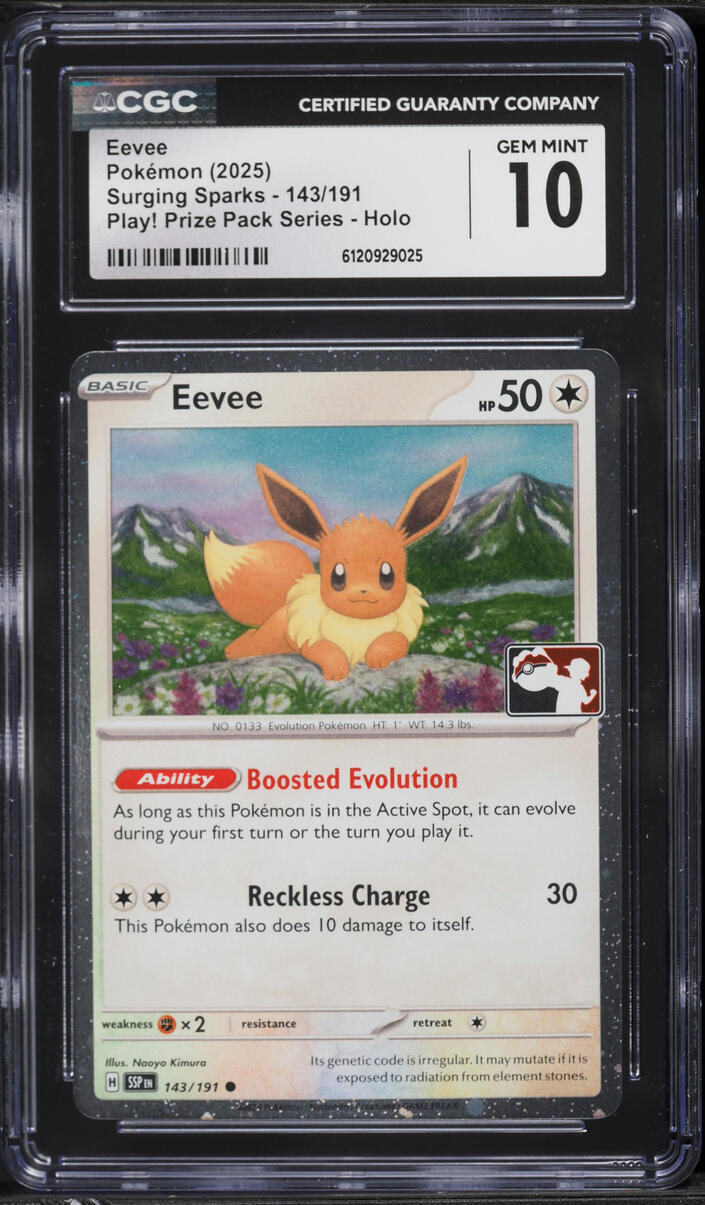 2025 Pokemon Scarlet & Violet Surging Sparks Play Prize Pack Holo Eevee #143 CGC 10 GEM MINT