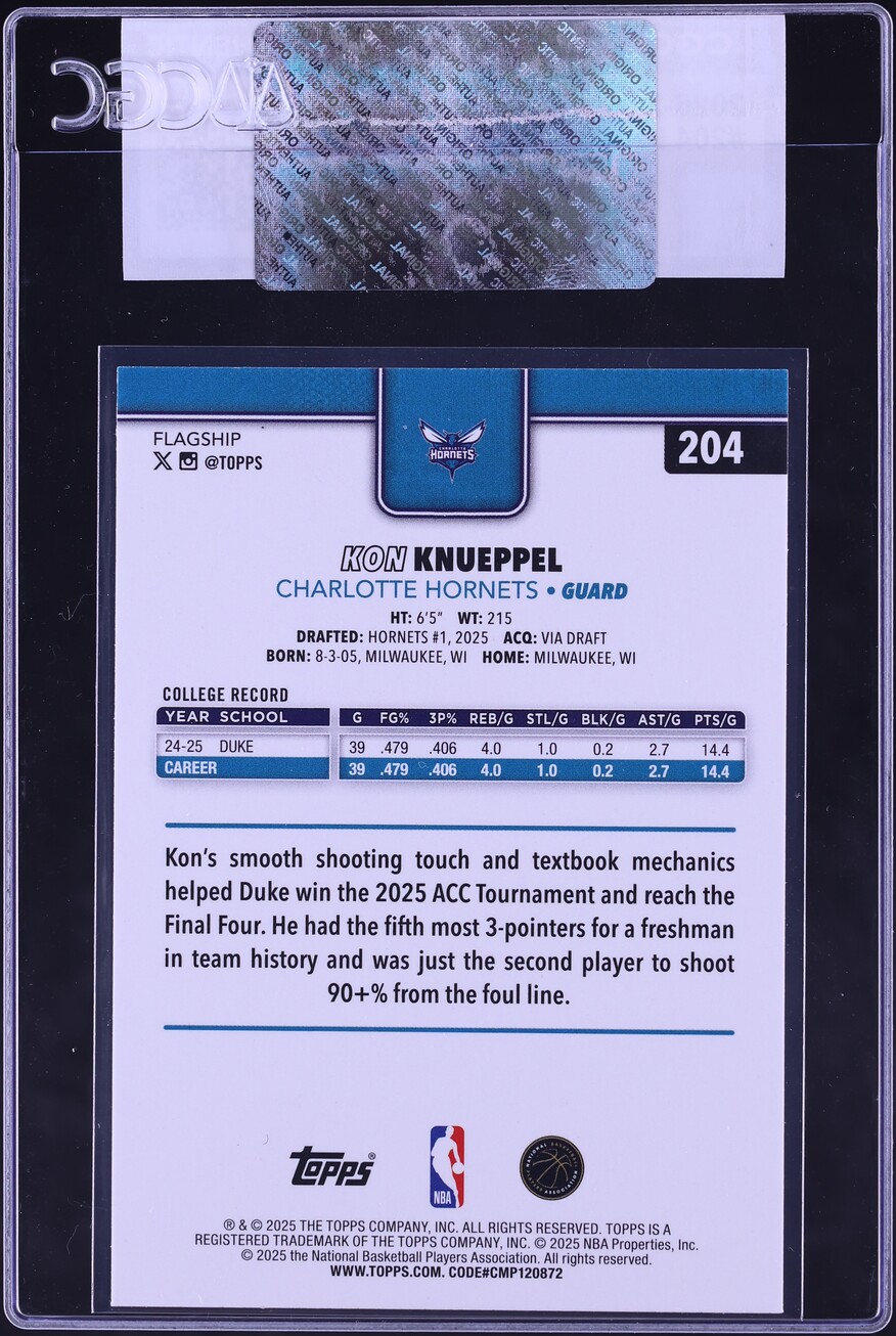 2025 Topps Basketball Kon Knueppel ROOKIE #204 CGC AUTH