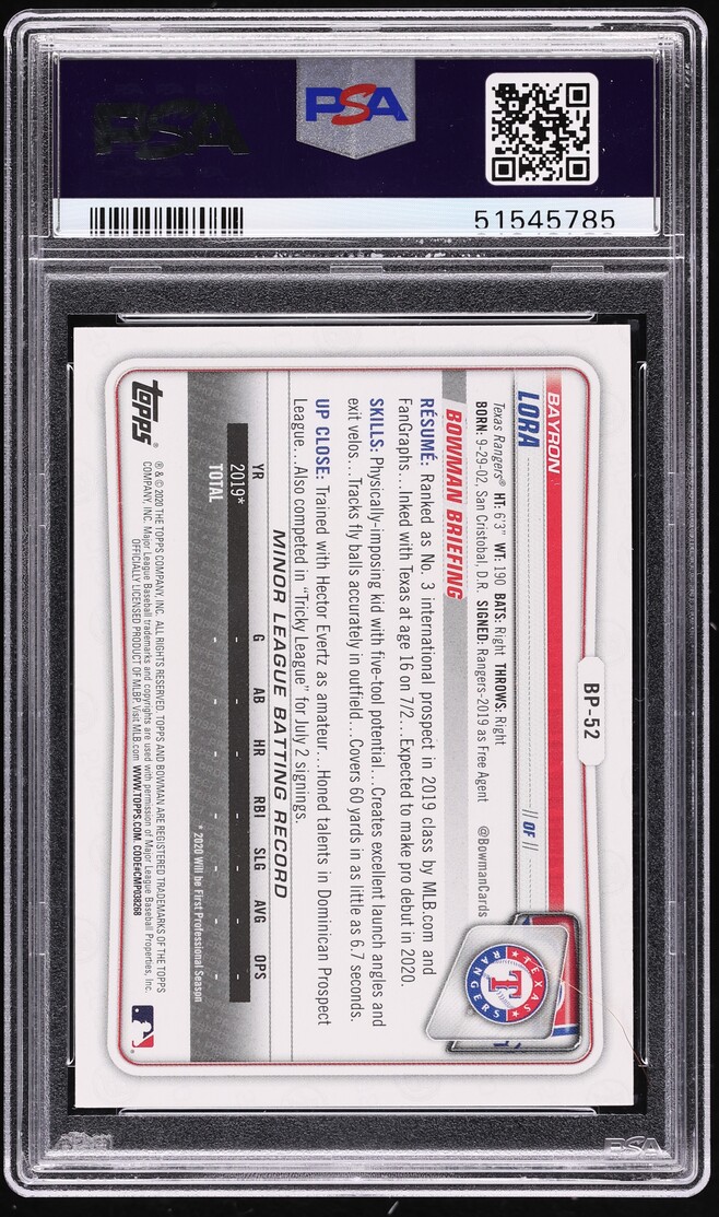2020 Bowman Paper Bayron Lora PROSPECT #BP-52 PSA 10 GEM MINT