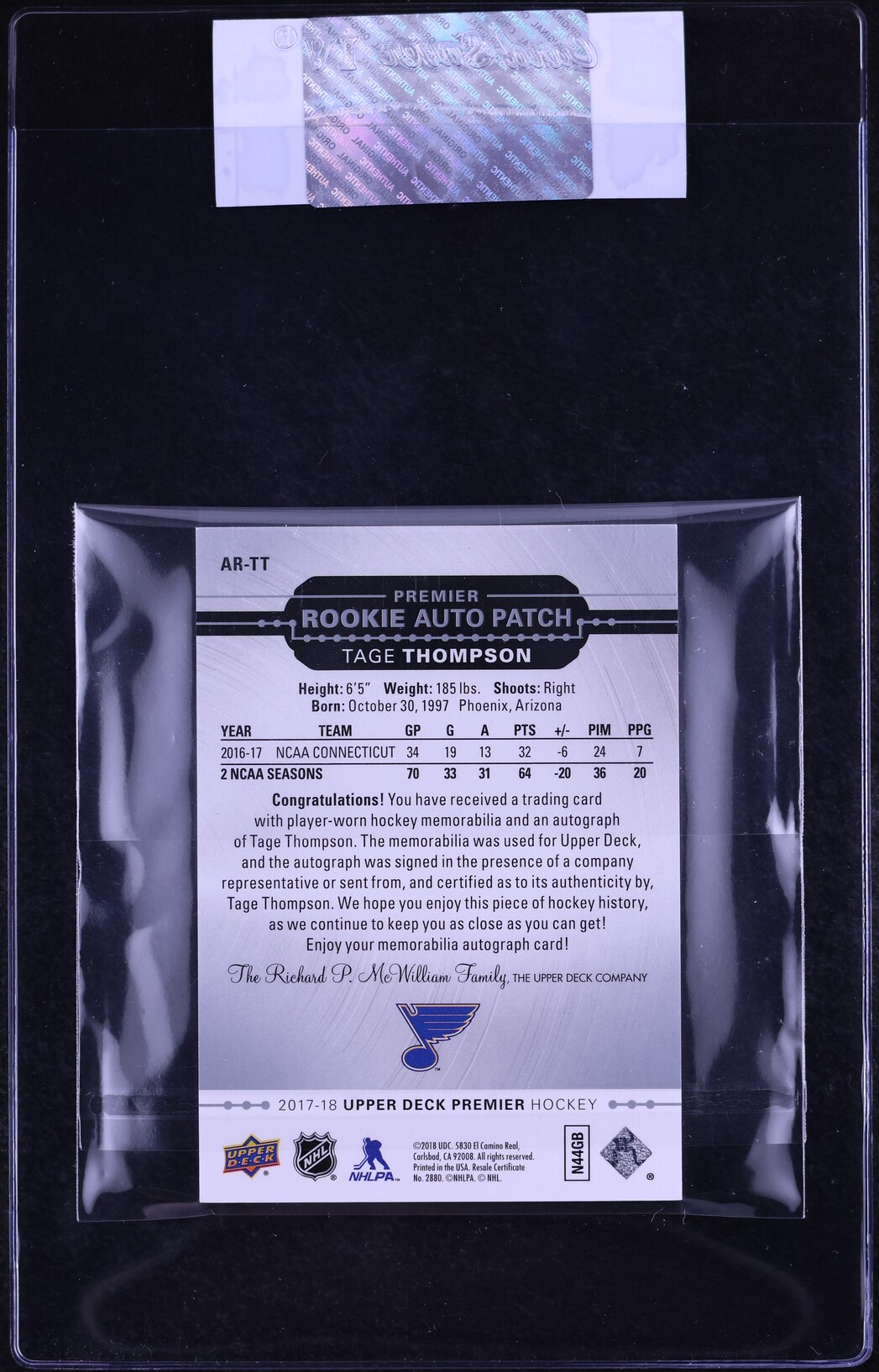 2017 Upper Deck Premier Acetate Tage Thompson ROOKIE PATCH AUTO /299 #AR-TT CGC AUTH