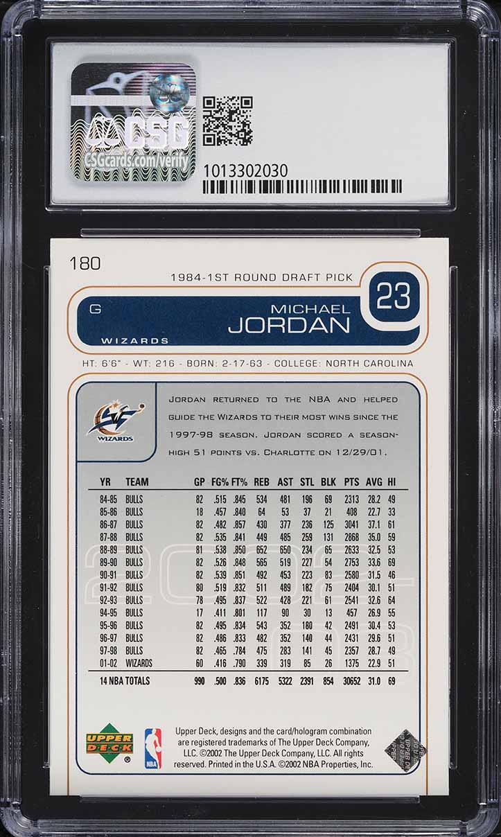 2002 Upper Deck Basketball Michael Jordan #180 CSG 9.5 GEM MINT