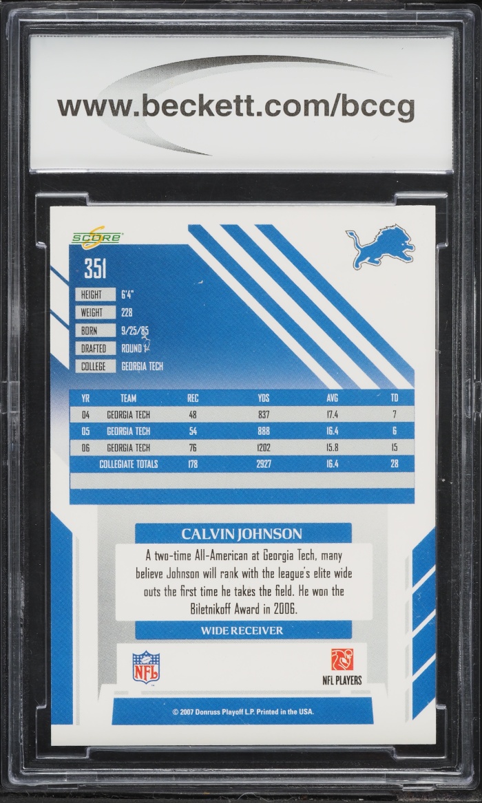 2007 Score Football Calvin Johnson ROOKIE #351 BCCG 10