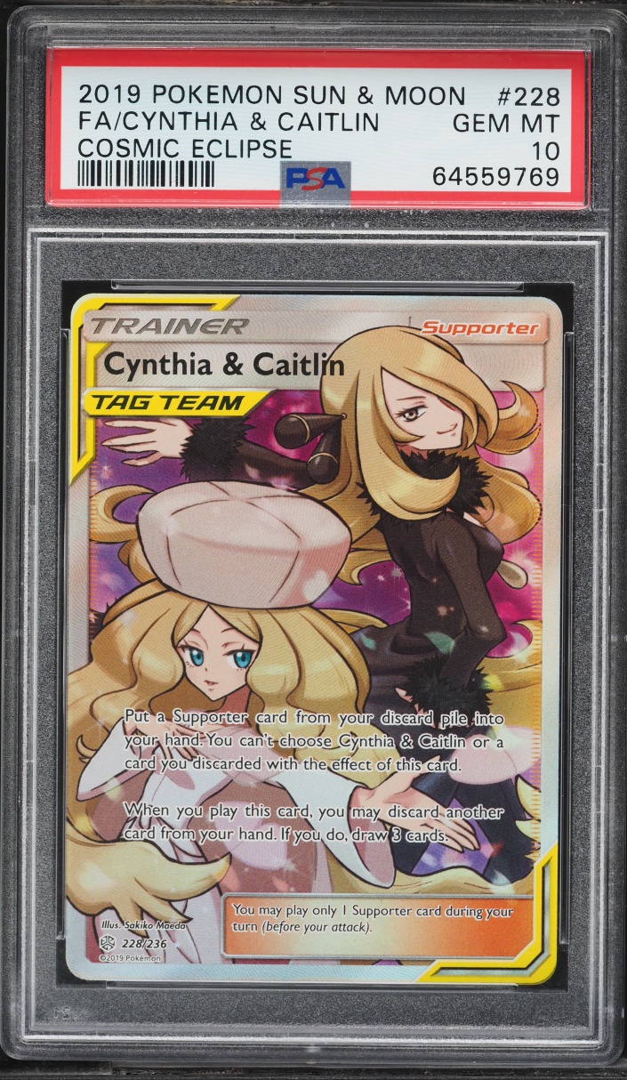 2019 Pokemon Sun & Moon Cosmic Eclipse Full Art Cynthia & Caitlin #228 PSA 10 GEM MINT