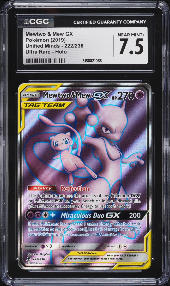 2019 Pokemon Sun & Moon Unified Minds Full Art Mewtwo & Mew GX #222 CGC 7.5 NRMT+