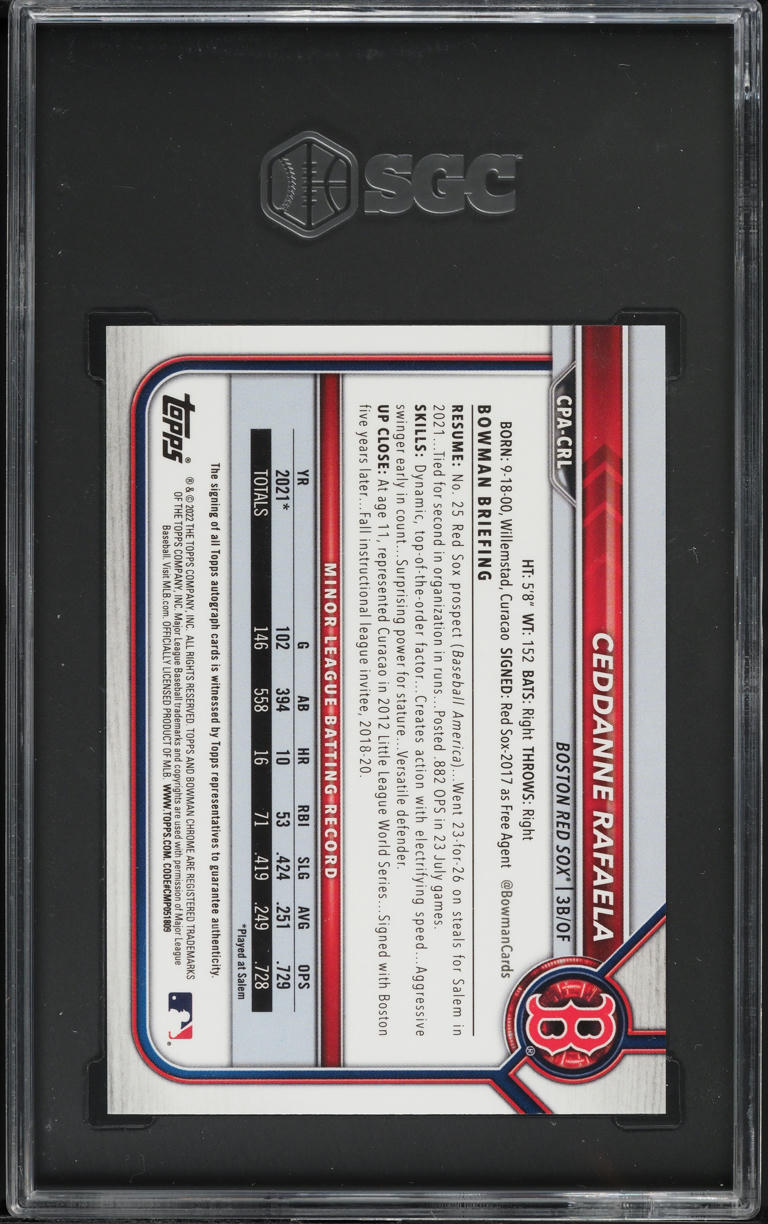 2022 Bowman Chrome Ceddanne Rafaela PROSPECT AUTO #CPA-CRL SGC 10 GEM MINT