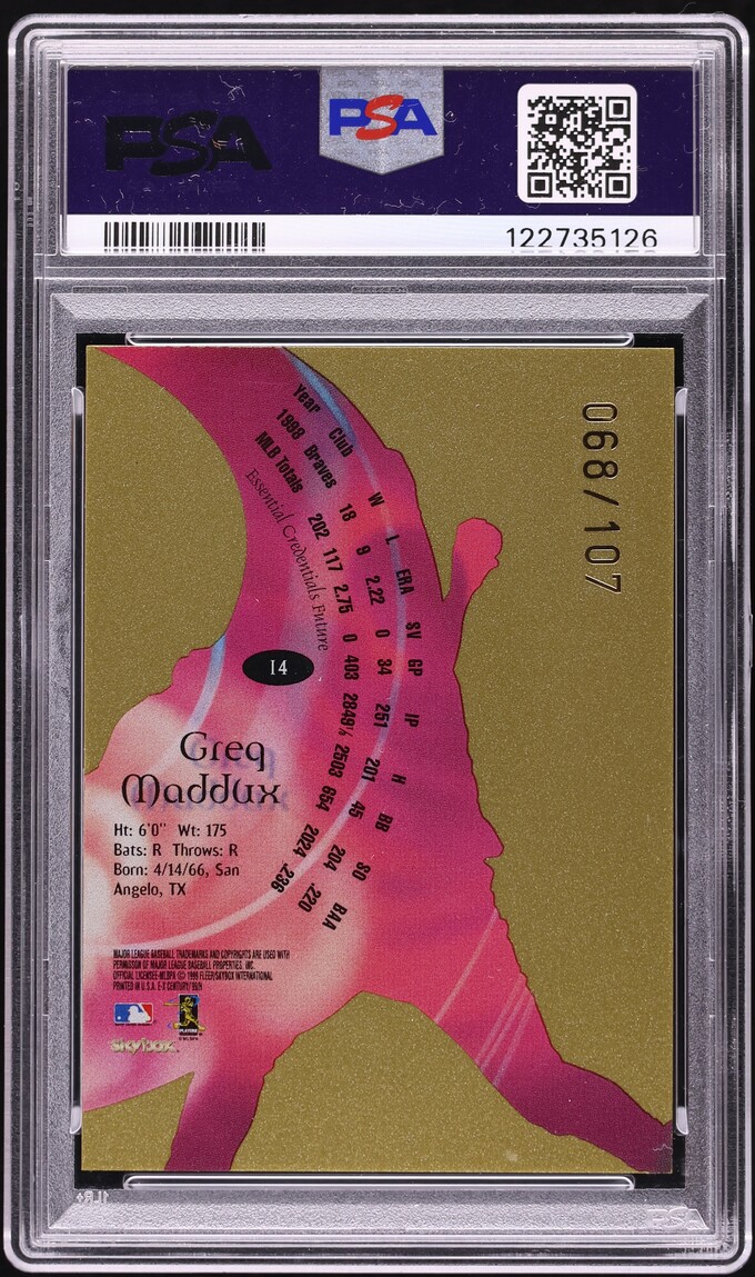 1999 Skybox E-X Century Essential Credentials Future Greg Maddux /107 #14 PSA 6 EXMT - Photo 2