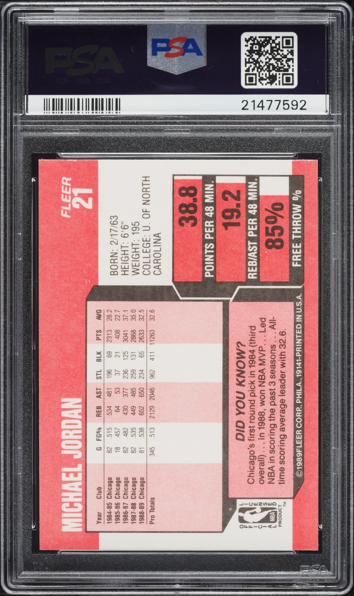 1989 Fleer Basketball Michael Jordan #21 PSA 10 GEM MINT