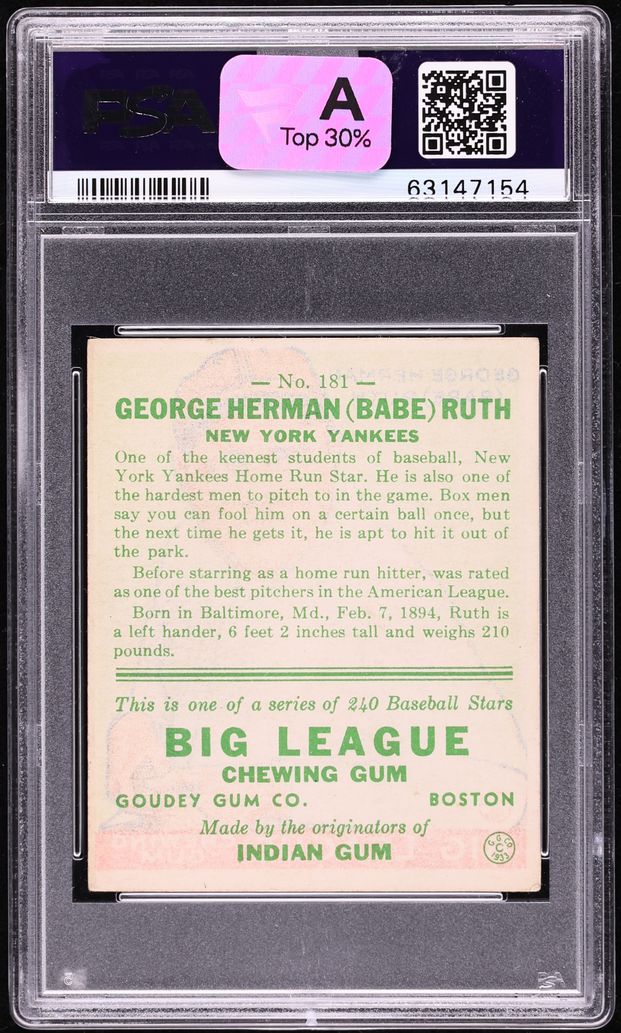 1933 Goudey Babe Ruth #181 PSA 3 VG