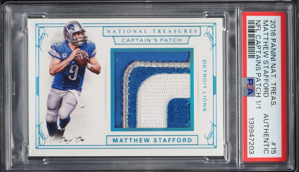 2016 National Treasures NFL Captains Patch Matthew Stafford GAME WORN PATCH 1/1 #15 PSA AUTH - Photo 1